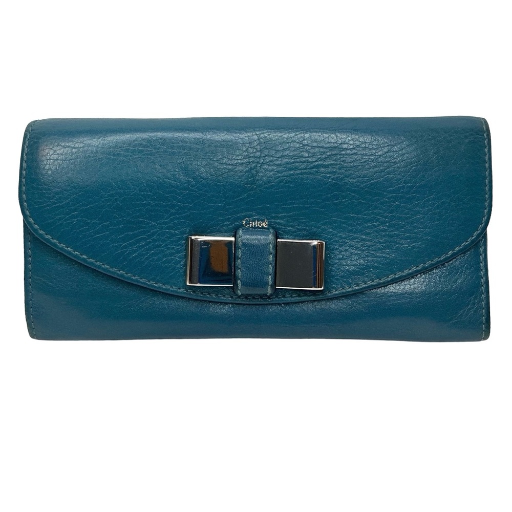 Chloé Leather Continental Wallet – Teal Blue Bow Detail